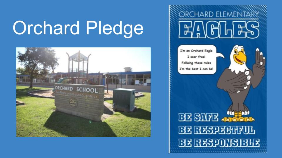 Blue background. White text: ORCHARD PLEDGE. Picture of the front of Orchard Elementary School showing the front yard playground. On the Right is a cartoon eagle with the pledge: I'm an Orchard Eagle, I soar free. Following these rules I'm the best I can be. Under the Eagle, in bold, white letters are the phrases: Be Safe. Be Respectful. Be Responsible. 