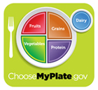 Choose MyPlate.gove image. A plate separated into 4 quadrants. Fruits (in red), Vegetables (green), Grains (orange/brown), Protein (purple). Off to the upper right is a blue circle with the word Dairy written inside. 